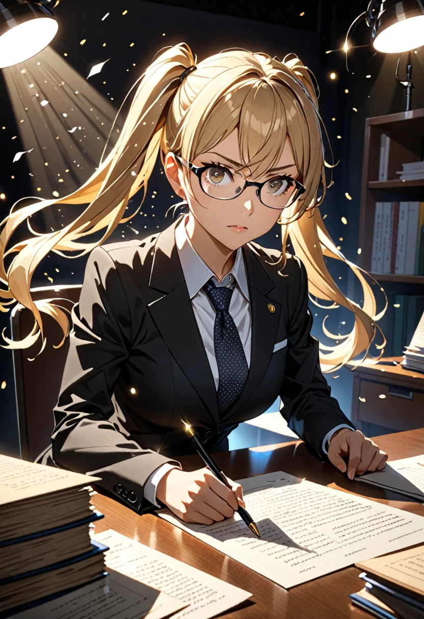 Highest quality, Highest quality, 16K, Unbelievably absurd, Very detailed, delicate and dynamic, Detailed facial depiction, , Particles reflect light, Diffuse reflection of light, Vortex of Light, Files on the desk, Spotlight, trial所, trial, Defense, Glassesが光を反射する, Create amazing image effects, Close-up, (sole sexy lady, big firm bouncing busts, long wavy blonde hair, Twin tails, lawyer, Powerful, Chic black suit, White blouse, pants suit, High heels, Glasses, Serious, Self, enthusiasm, Spiel, Stand up and read the document, Glassesを手で押し上げる,)