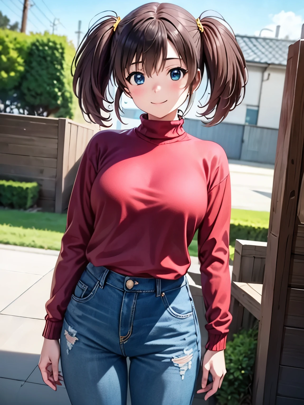 masterpiece,(Anime illustration style),Shooting from the front、smile、Highest quality,Super detailed,Outdoor,One girl, ************, Dannoura＿Tomochika, Standing、Twin tails, blue eyes, Brown Hair,sweater, pink sweater, turtleneck, Long sleeve,In jeans、smile、Brown Hair,4K,8k,(Realistic, Genuine, Genuine的、Realistic:1.1), ((Highest quality)、 Cowboy Shot,