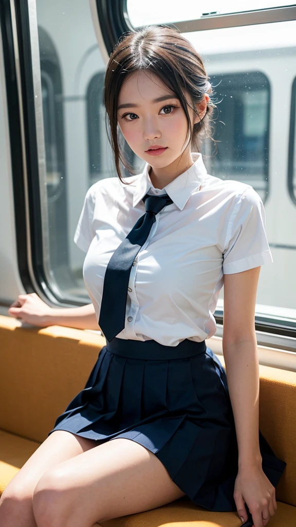 (masterpiece, Highest quality:1.2), 8k, 15 years old, 85mm, Official Art, RAW Photos, Absurd, White dress shirt, Pretty face, close, Upper Body, Violet, Gardenias, beautiful girl, , (Navy Pleated Skirt:1.1), Squeeze the waist, Thighs, Short sleeve, in the train, Sitting on a bench seat, View your viewers, No makeup, (smile:0.4), Film Grain, chromatic aberration, Sharp focus, Face Light, Bright lighting, Teen, Detailed face, Bokeh Background, (Dark red tie:1.1)