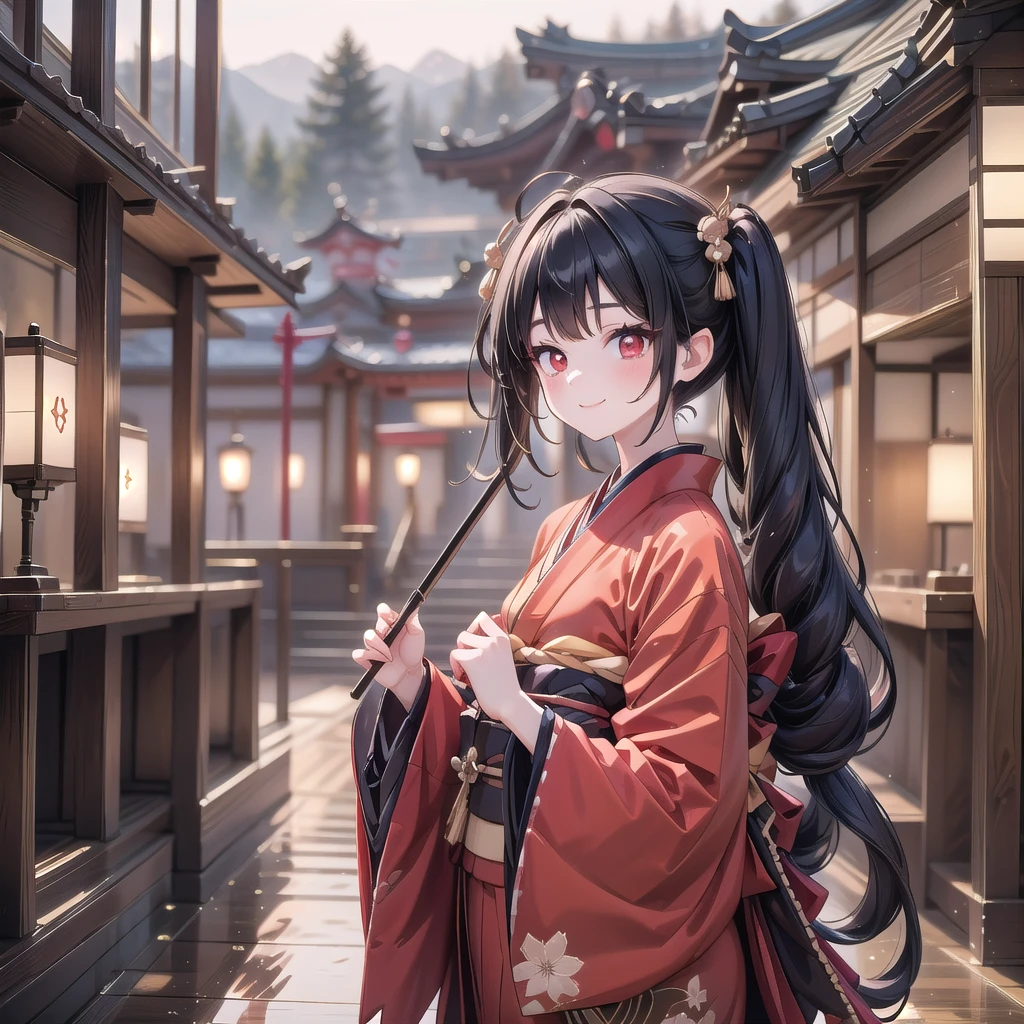1 adult tall lady, light beige black hair, beautiful japan classical town background, (twintails, red eyes, black and red gothic kimono:1.2), smile, 