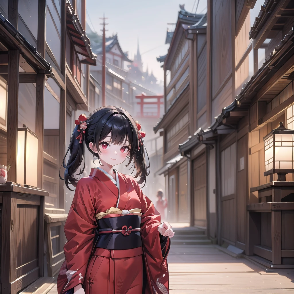 1 adult tall lady, light beige black hair, beautiful japan classical town background, (twintails, red eyes, black and red gothic kimono:1.2), smile,