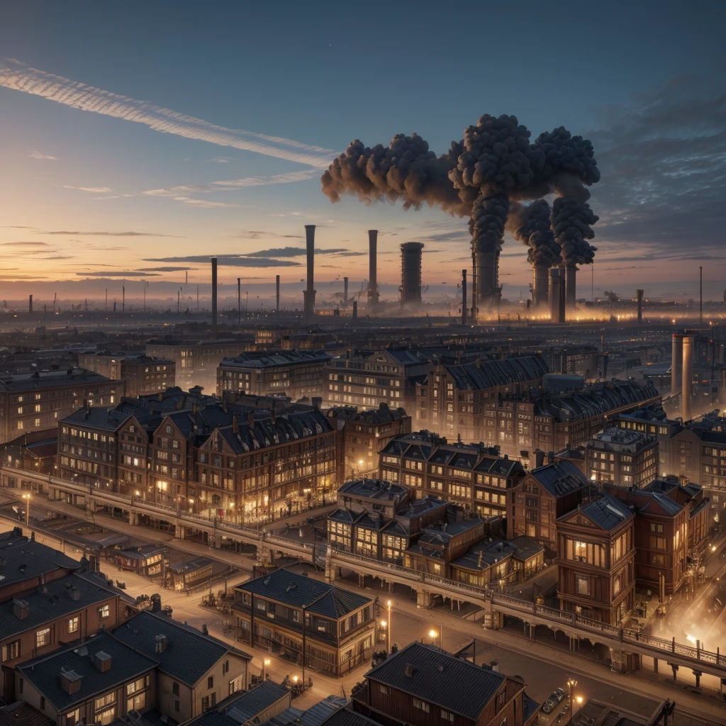 Panoramic image of an industrial steampunk city, gears, steam engines, citizens, in it, pollution, carbon, exolosions, vapor, buildings, bridges, train, zepelin ((high quality)) ((4k)) ((8k)) ((Hyperrealism)) ((masterpiece)) ((perfection))