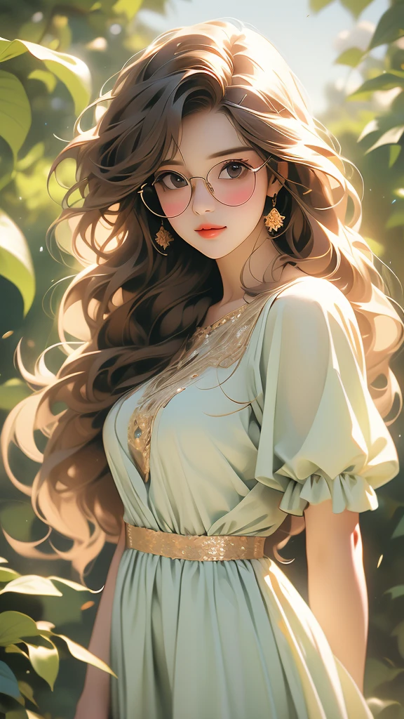 a picture of a woman standing with long blond hair posing over her shoulder, 1girl, long hair, solo, realistic, dress, brown hair,Fat girl wearing black glasses,Cheerful girl,,sun_glasses