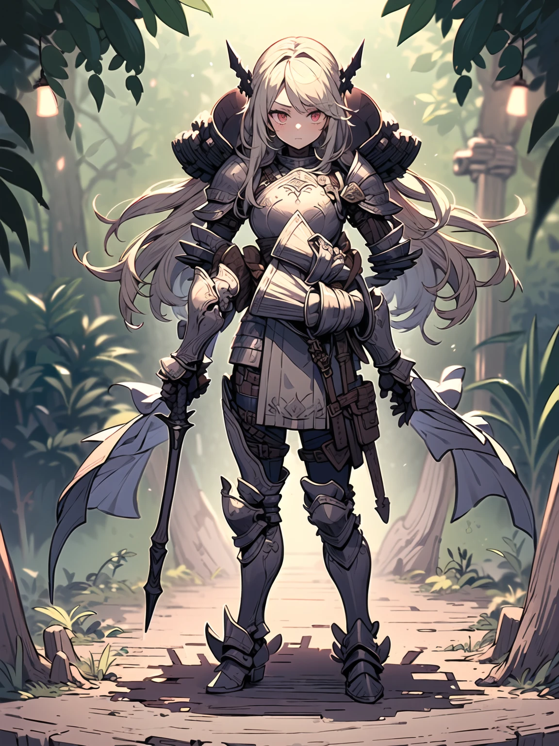 (((masterpiece, best quality, high detailed, 8k))) Design a layout showcase Gaming character, (1girl). Green+Brown clothes, stylish and unique. ((showcase weapon:1.4)), dual daggers. (masterpiece:1.2), (best quality), 4k, ultra-detailed. (Step by step design, layout art:1.5), (luminous lighting, atmospheric lighting). assassin, ((glove full hands)), (((revealing armor:1.3))), vambraces, armored legwear, (((full_body_shot:1.4))). {In a dense jungle}.