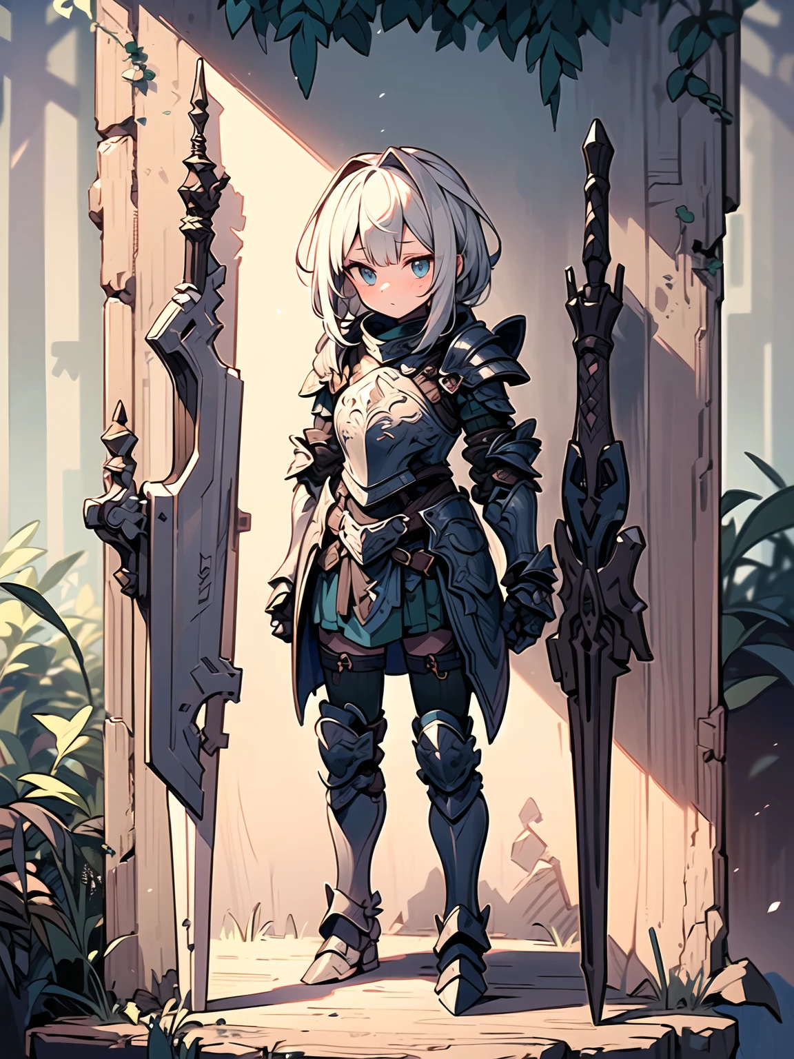 (((masterpiece, best quality, high detailed, 8k))) Design a layout showcase Gaming character, (1girl). Green+Brown clothes, stylish and unique. ((showcase weapon:1.4)), dual daggers. (masterpiece:1.2), (best quality), 4k, ultra-detailed. (Step by step design, layout art:1.5), (luminous lighting, atmospheric lighting). assassin, ((glove full hands)), (((revealing armor:1.3))), vambraces, armored legwear, (((full_body_shot:1.4))). {In a dense jungle}.
