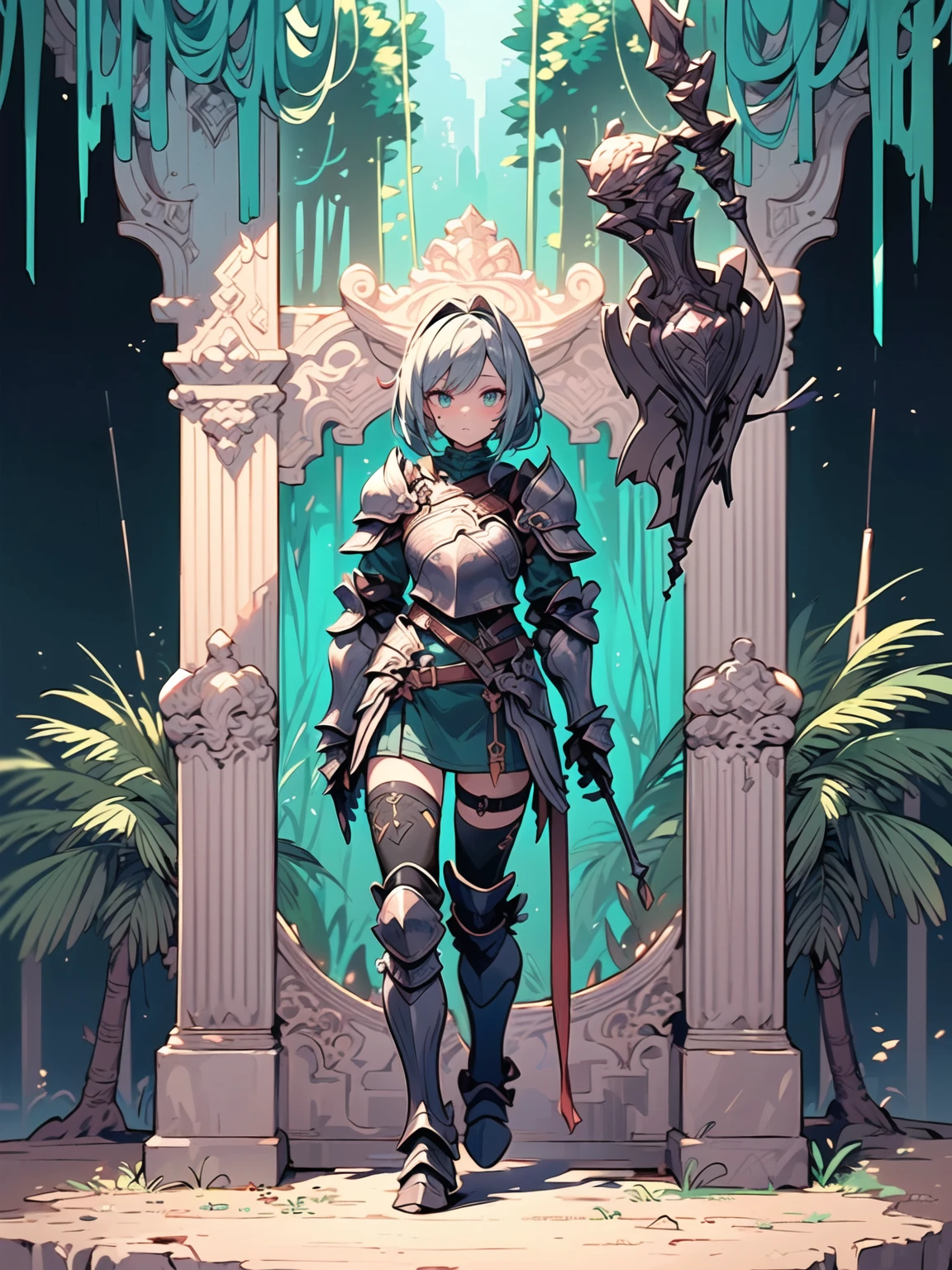 (((masterpiece, best quality, high detailed, 8k))) Design a layout showcase Gaming character, (1girl). Green+Brown clothes, stylish and unique. ((showcase weapon:1.4)), dual daggers. (masterpiece:1.2), (best quality), 4k, ultra-detailed. (Step by step design, layout art:1.5), (luminous lighting, atmospheric lighting). assassin, ((glove full hands)), (((revealing armor:1.3))), vambraces, armored legwear, (((full_body_shot:1.4))). {In a dense jungle}.