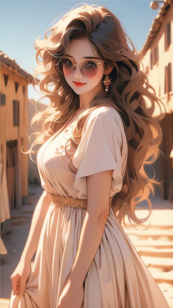 a picture of a woman standing with long blond hair posing over her shoulder, 1girl, long hair, solo, realistic, dress, brown hair,Fat girl wearing black glasses,Cheerful girl,,sun_glasses