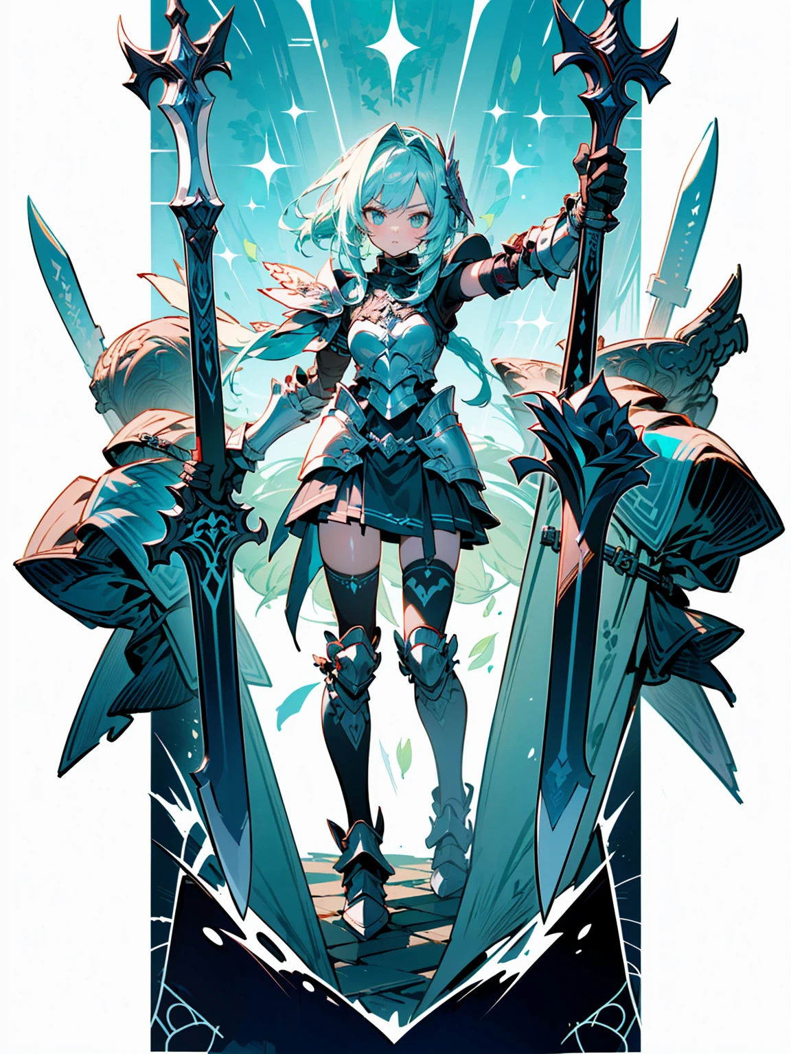(((masterpiece, best quality, high detailed, 8k))) Design a layout showcase Gaming character, (1girl). Green+Brown clothes, stylish and unique. ((showcase weapon:1.4)), dual daggers. (masterpiece:1.2), (best quality), 4k, ultra-detailed. (Step by step design, layout art:1.5), (luminous lighting, atmospheric lighting). assassin, ((glove full hands)), (((revealing armor:1.3))), vambraces, armored legwear, (((full_body_shot:1.4))). {In a dense jungle}.
