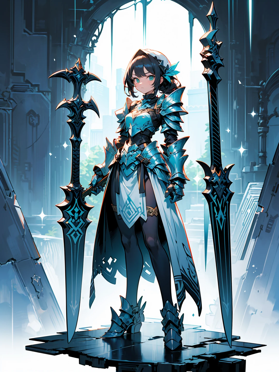 (((masterpiece, best quality, high detailed, 8k))) Design a layout showcase Gaming character, (1girl). Green+Brown clothes, stylish and unique. ((showcase weapon:1.4)), dual daggers. (masterpiece:1.2), (best quality), 4k, ultra-detailed. (Step by step design, layout art:1.5), (luminous lighting, atmospheric lighting). assassin, ((glove full hands)), (((revealing armor:1.3))), vambraces, armored legwear, (((full_body_shot:1.4))). {In a dense jungle}.