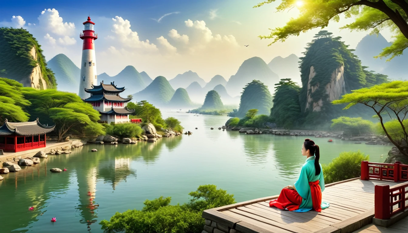  chinese relax, chinese woman masterpiece, beautiful scenery river lighthouse, wide view image