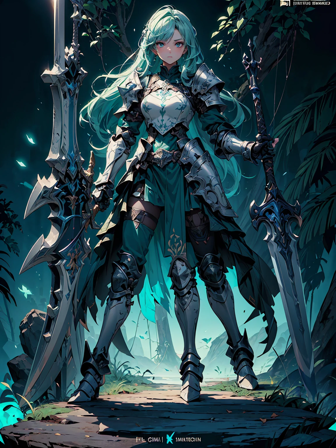 (((masterpiece, best quality, high detailed, 8k))) Design a layout showcase Gaming character, (1girl). Green+Brown clothes, stylish and unique. ((showcase weapon:1.4)), dual daggers. (masterpiece:1.2), (best quality), 4k, ultra-detailed. (Step by step design, layout art:1.5), (luminous lighting, atmospheric lighting). assassin, ((glove full hands)), (((revealing armor:1.3))), vambraces, armored legwear, (((full_body_shot:1.4))). {In a dense jungle}.