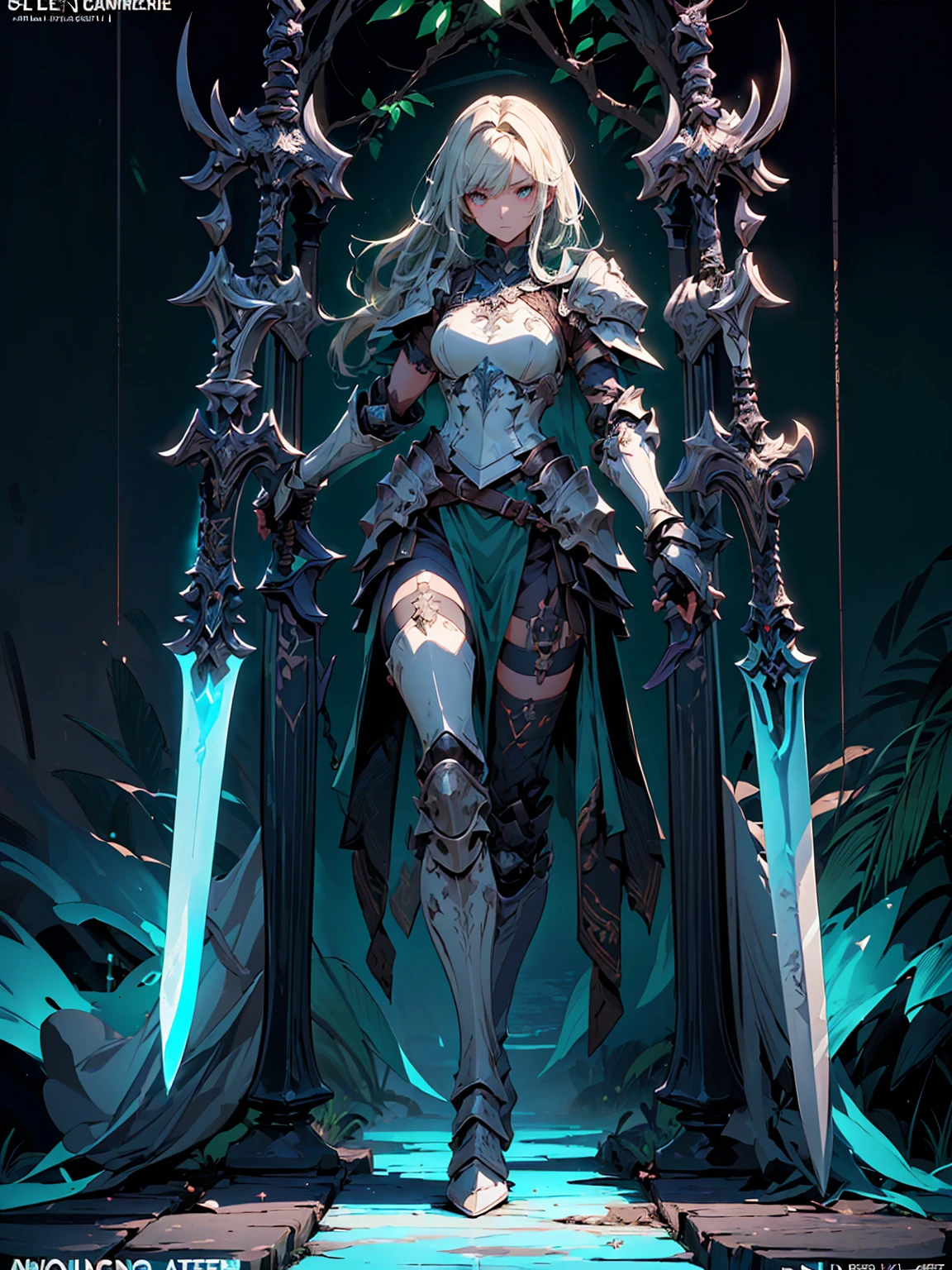 (((masterpiece, best quality, high detailed, 8k))) Design a layout showcase Gaming character, (1girl). Green+Brown clothes, stylish and unique. ((showcase weapon:1.4)), dual daggers. (masterpiece:1.2), (best quality), 4k, ultra-detailed. (Step by step design, layout art:1.5), (luminous lighting, atmospheric lighting). assassin, ((glove full hands)), (((revealing armor:1.3))), vambraces, armored legwear, (((full_body_shot:1.4))). {In a dense jungle}.
