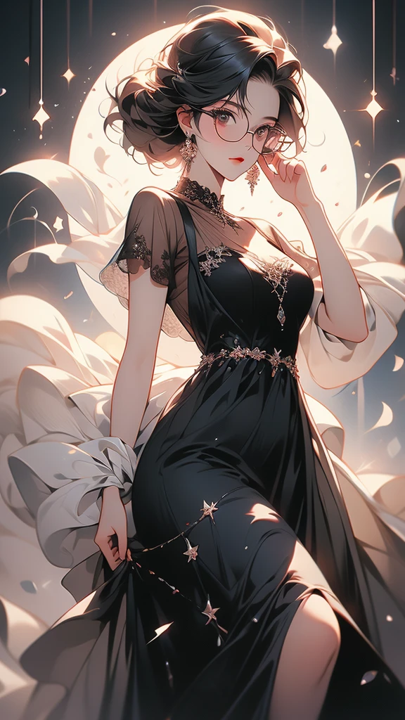 Medium fat, 1girl, 17 years, wearing, black glasses,black dress,crystalline dress,circle-glasses
