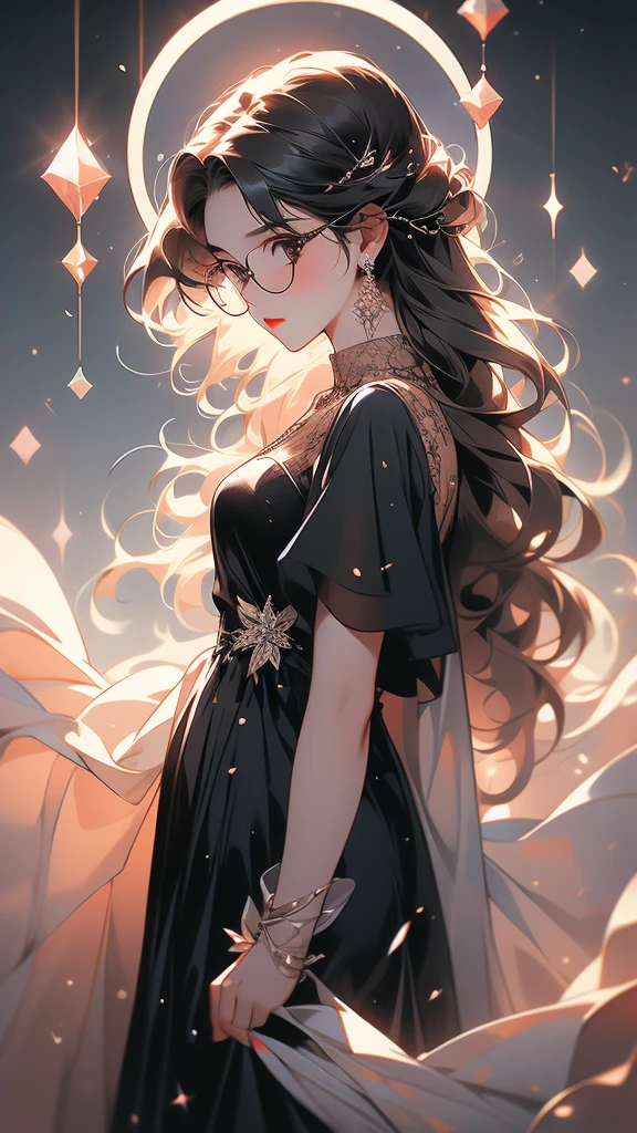 Medium fat, 1girl, , wearing, black glasses,black dress,crystalline dress,circle-glasses