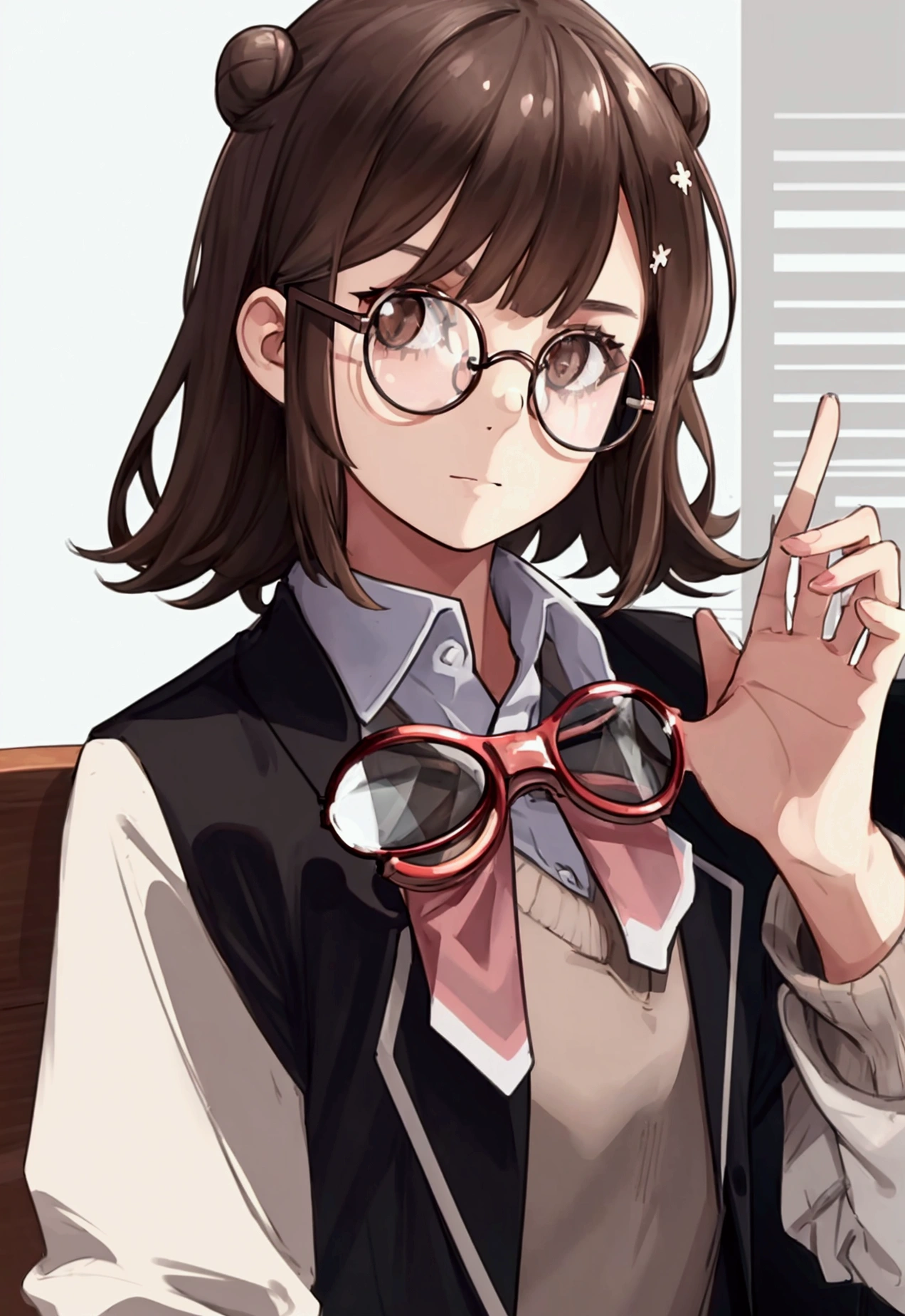 1 girl, medium construction, ((round glasses)), long brown hair, blunt bangs, Brown eyes, ((neutral)), (captivating expression), expressionless, modern, selfie, (((contemporary))), library background