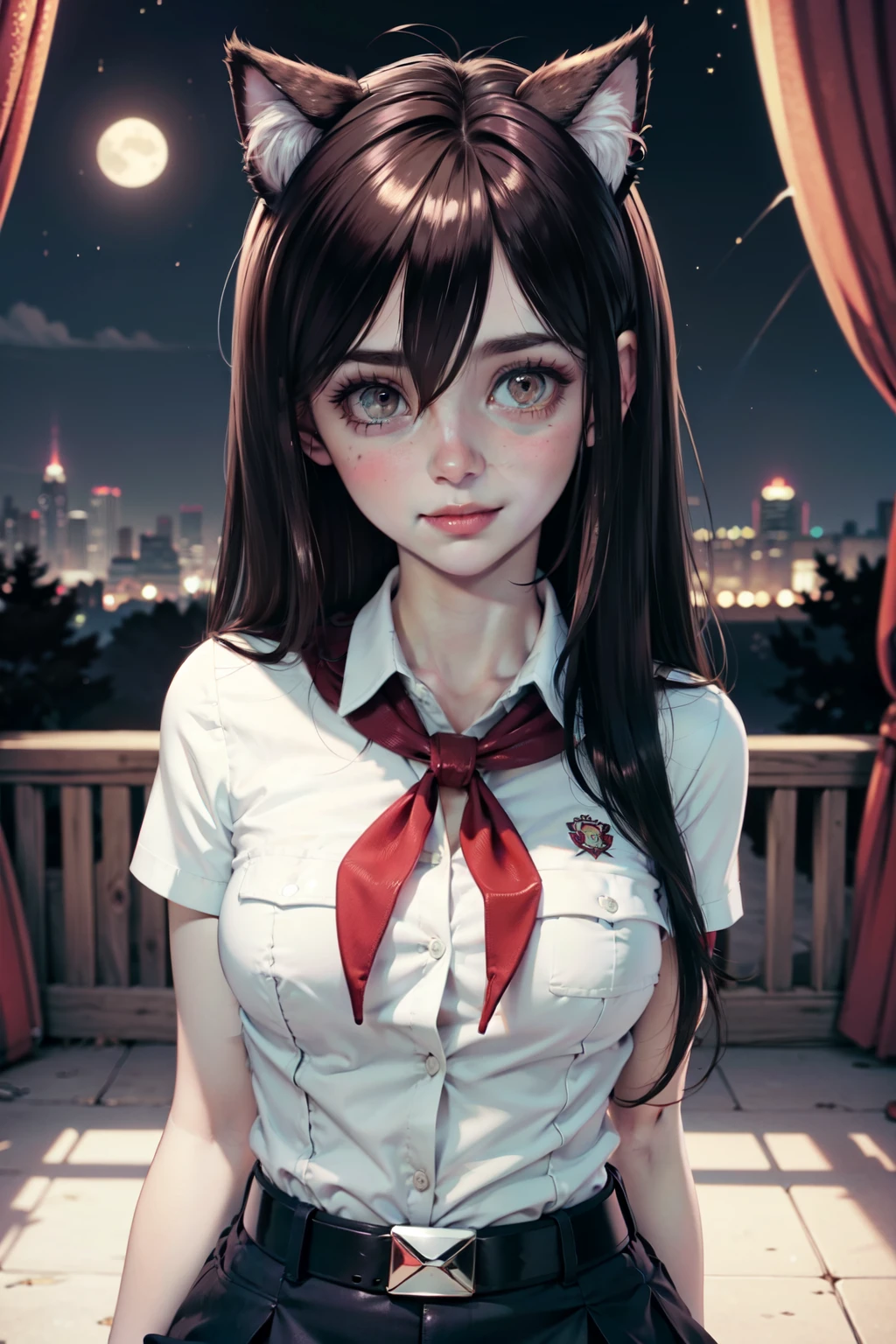 very young slim fit girl, at full height, (rounded face:1.2), very long disheveled dark brown hair, (big brown eyes:1.2), horny face, horny smile, perfect flat breast, band on head with fake cat ears, parororo, pioneer neckerchief, blue thight microskirt, bangs, shirt, collarbone, white shirt, short sleeves, collared shirt, belt, neckerchief, eyelashes, red neckerchief, breast pocket, ariawm, accurate snub nose, (very long strand of hair between eyes:1.3), summer night, forest, lustful blush 