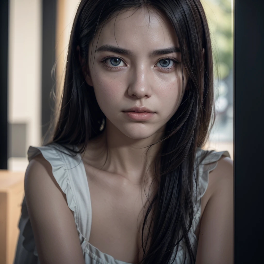 one Japanese beautiful girl, (a beauty の少女, Delicate girl:1.3), (12 years oldexpression，Photograph from the knee up，
break, (A shirt that shows through nakedness:1.3),
break, Very fine grain definition, (Symmetrical eyes:1.3),
break, (School changing room, Outdoor:1.3), 
break, Small breasts, Black Hair,  12 years oldの美少女,
break,cial details:1.0),
break, (masterpiece, Highest quality, Super detailed, Detailed face, 8k)