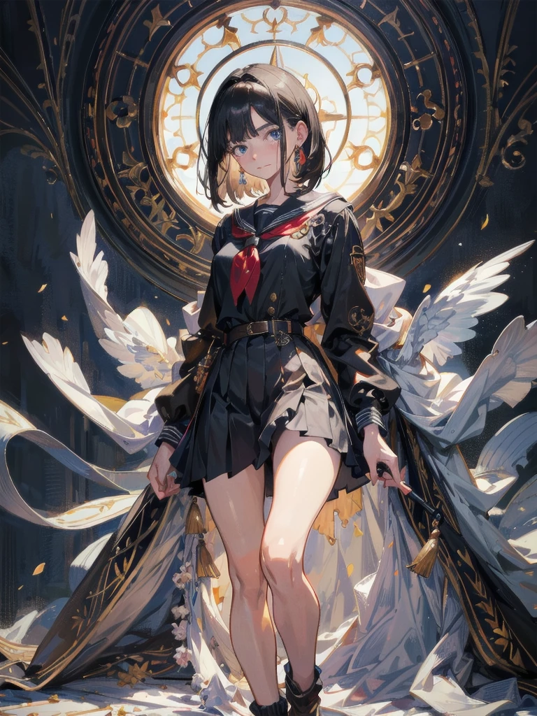 absurdres, RAW photo, extremely delicate and beautiful, masterpiece, Best Quality, ultra high resolution, 32k, hyperrealistic, ultra-detailed, detailed description, pale skin, 20 years old, delicate facial features, detailed beautiful face and eyes, tearful mole, earring, Colossal tits, short medium hair, wavy hair, ((full body shot)), sailor uniform, school_uniform,