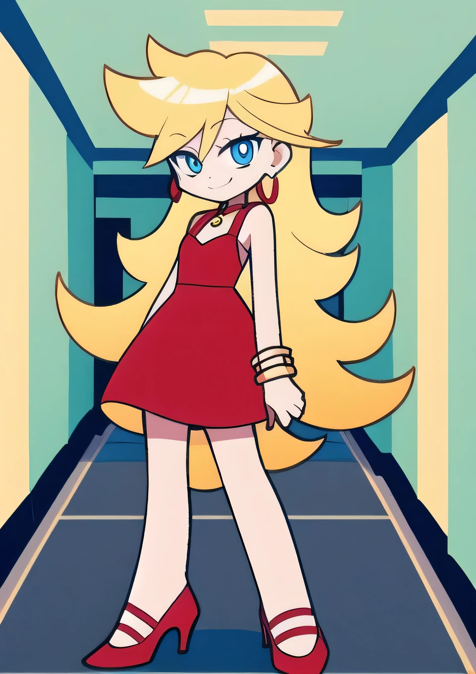 Panty Anarchy, yellow long hair, blue eyes, little red dress, red short dress, choker, gold hoop earrings, gold bracelet, red heel shoes, hallway background, smile, standing up, in 2D illustration, 2D art style, close up.
