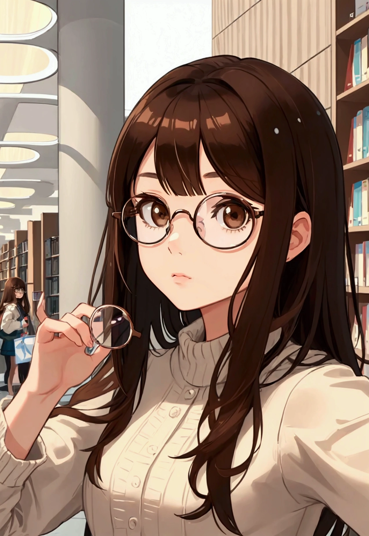 1 girl, medium construction, ((round glasses)), long brown hair, blunt bangs, Brown eyes, ((neutral)), (captivating expression), expressionless, modern, selfie, (((contemporary))), library background