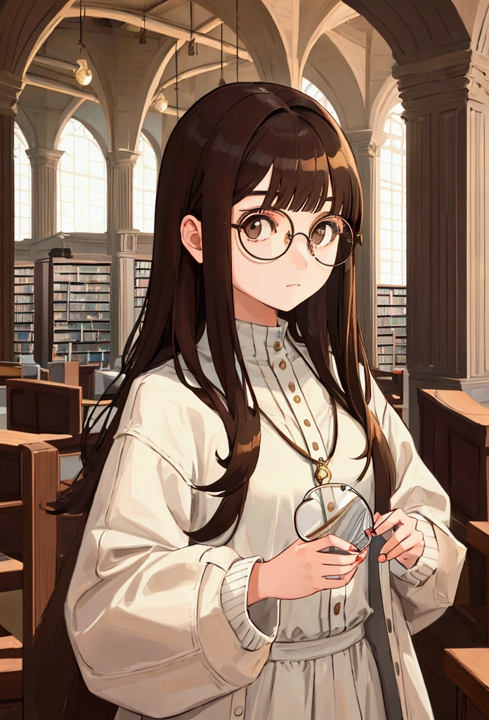 1 girl, medium construction, ((round glasses)), long brown hair, blunt bangs, Brown eyes, ((neutral)), (captivating expression), expressionless, modern, selfie, (((contemporary))), library background