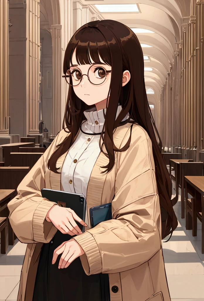 1 girl, medium construction, ((round glasses)), long brown hair, blunt bangs, Brown eyes, ((neutral)), (captivating expression), expressionless, modern, selfie, (((contemporary))), library background

