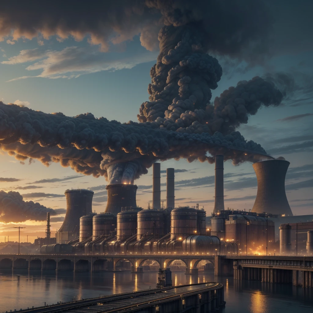 Panoramic image of an industrial steampunk city, nuclear power plant, factories, gears, steam engines, citizens, in it, pollution, carbon, exolosions, vapor, buildings, bridges, train, zepelin ((high quality)) ((4k)) ((8k)) ((Hyperrealism)) ((masterpiece)) ((perfection))