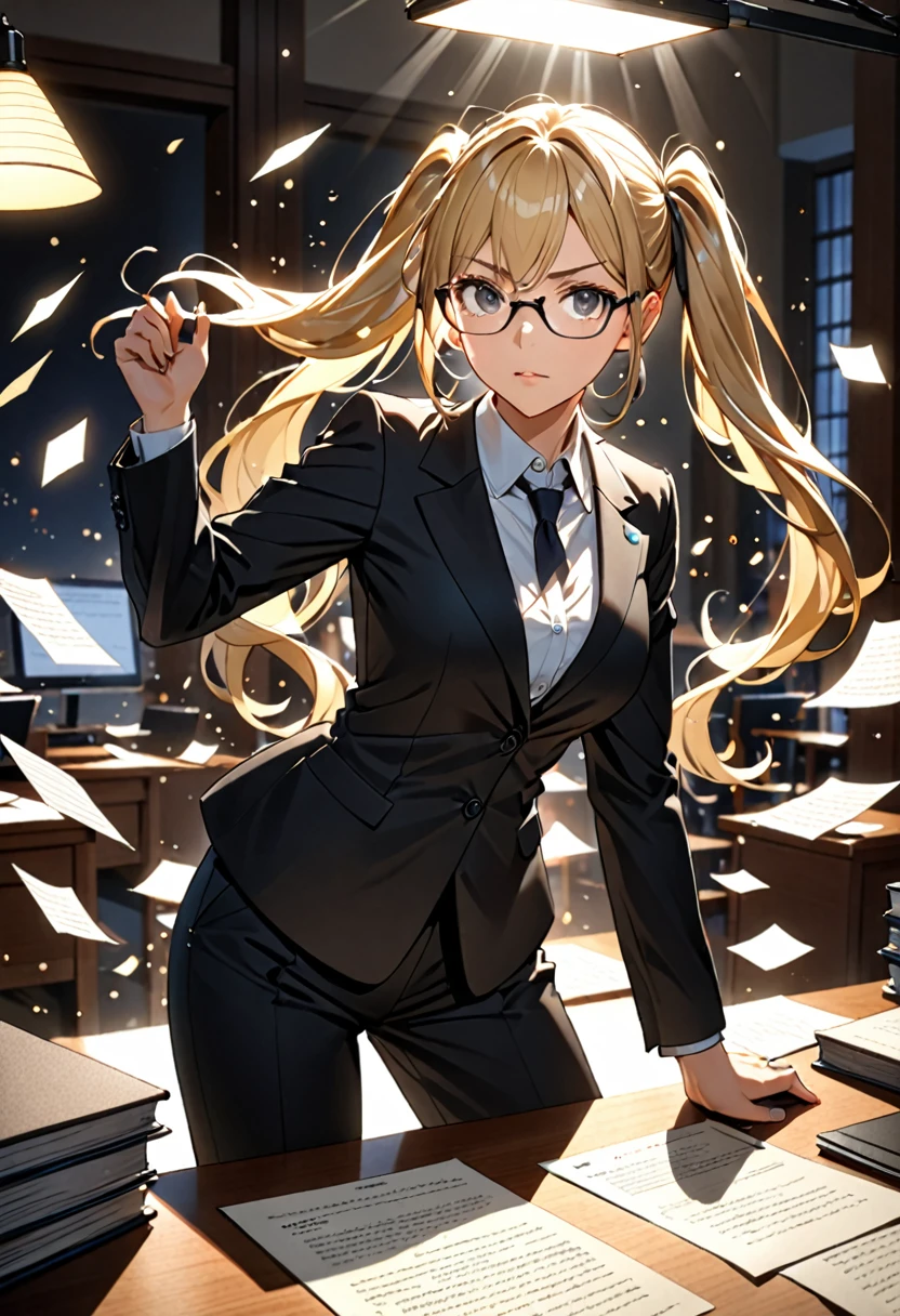 Highest quality, Highest quality, 16K, Unbelievably absurd, Very detailed, delicate and dynamic, Detailed facial depiction, , Particles reflect light, Diffuse reflection of light, Vortex of Light, Files on the desk, Spotlight, trial所, trial, Defense, Glassesが光を反射する, Create amazing image effects, Close-up, (sole sexy lady, big firm bouncing busts, long wavy blonde hair, Twin tails, lawyer, Powerful, Chic black suit, White blouse, pants suit, High heels, Glasses, Serious, Self, enthusiasm, Spiel, Stand up and read the document, Glassesを手で押し上げる,)