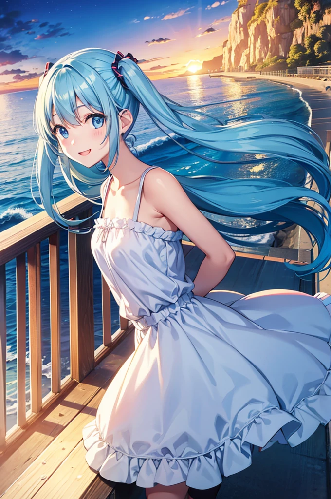 Light blue long hair、Beautiful girl with twin tails、Bright smile、From a big bridge overlooking the sea、Looking out to sea with the sun setting over the ocean in the background、