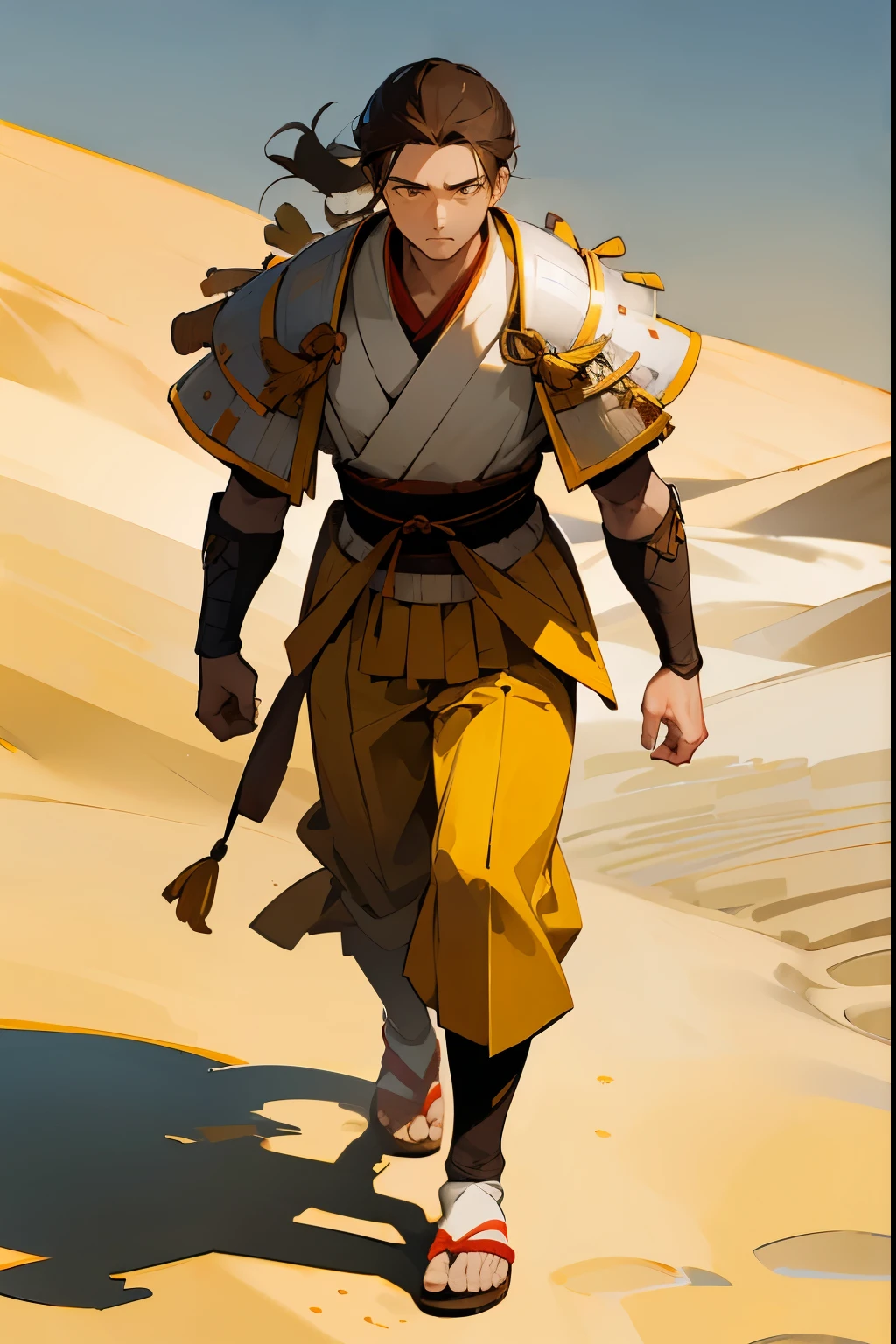 1male, Brown Hair, Yellow Samurai Armor, Slick Back Hair, Wooden Sandals, Traditional Japanese Attire, Brown Eyes, Calm Expression, Average Build, Scout, Adult Male, Desert, Walking on Sand Dunes