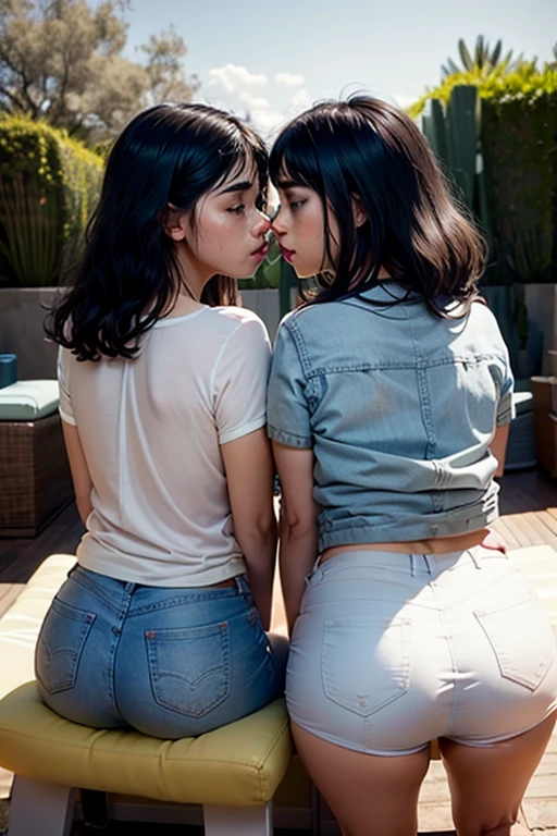 Two girls kiss while sitting on the cushion of a stool, ropa de tenis, falda, bragas blancas