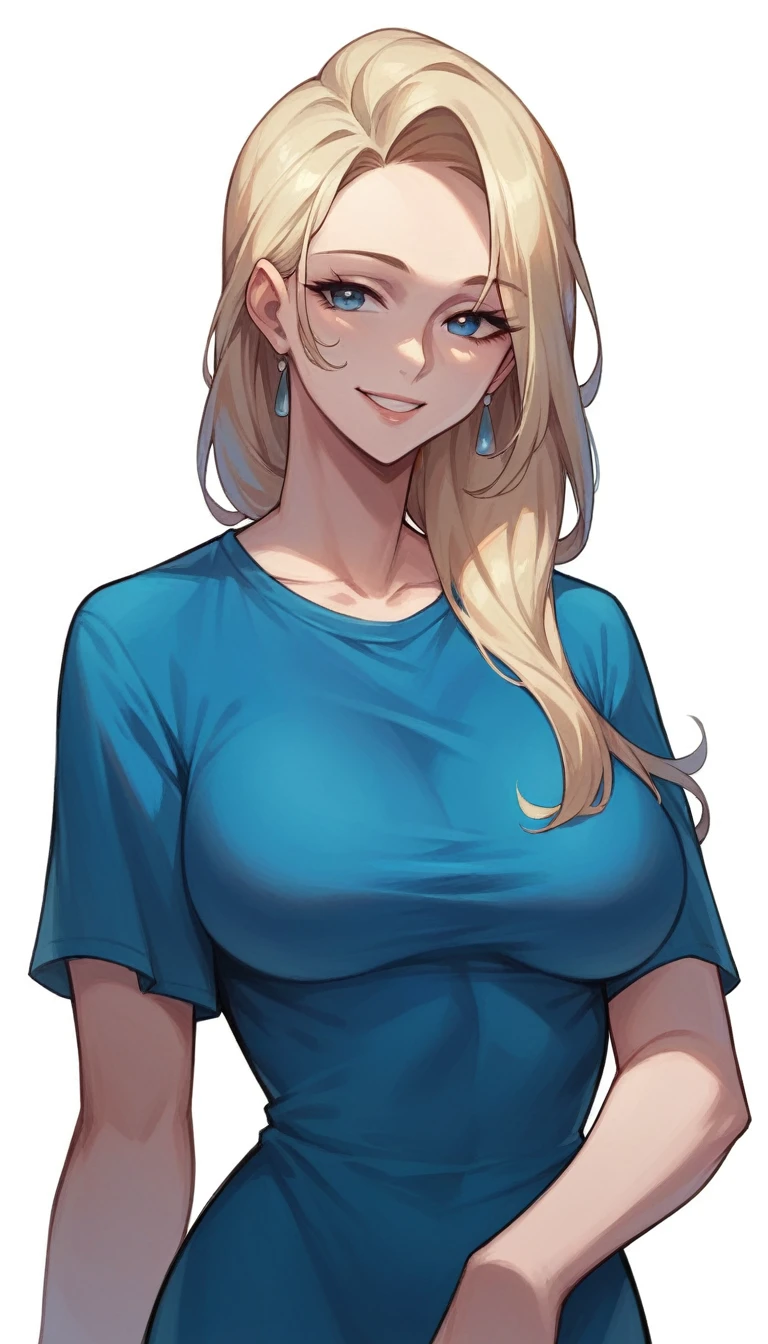 beautiful girl,older sister,milf,blonde hair,Hair swept to the side,blue eyes,slim,Tall,blue tee shirt,white background,front view,smile,
