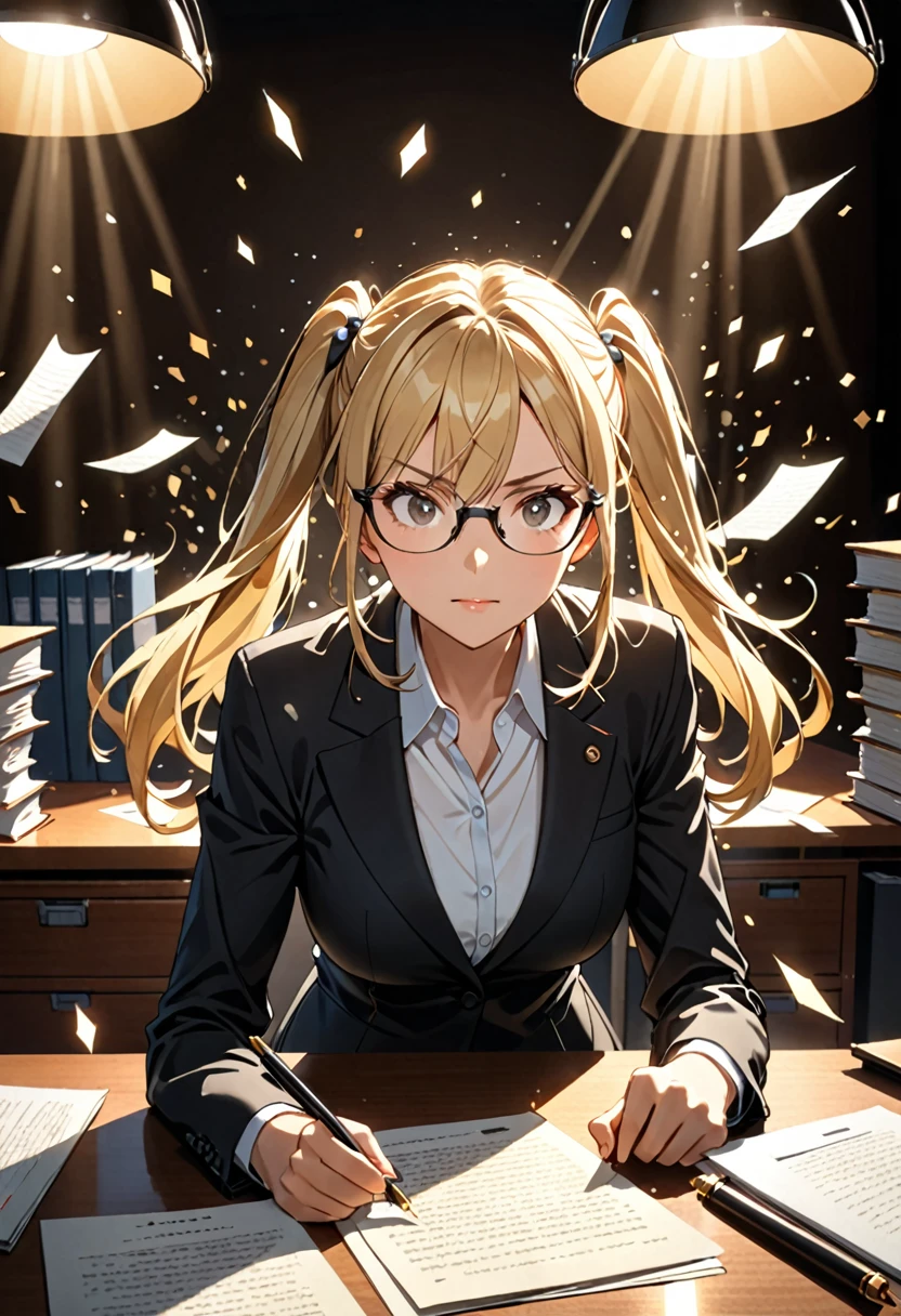 Highest quality, Highest quality, 16K, Unbelievably absurd, Very detailed, delicate and dynamic, Detailed facial depiction, , Particles reflect light, Diffuse reflection of light, Vortex of Light, Files on the desk, Spotlight, trial所, trial, Defense, Glassesが光を反射する, Create amazing image effects, Close-up, (sole sexy lady, big firm bouncing busts, long wavy blonde hair, Twin tails, lawyer, Powerful, Chic black suit, White blouse, pants suit, High heels, Glasses, Serious, Self, enthusiasm, Spiel, Stand up and read the document, Glassesを手で押し上げる,)