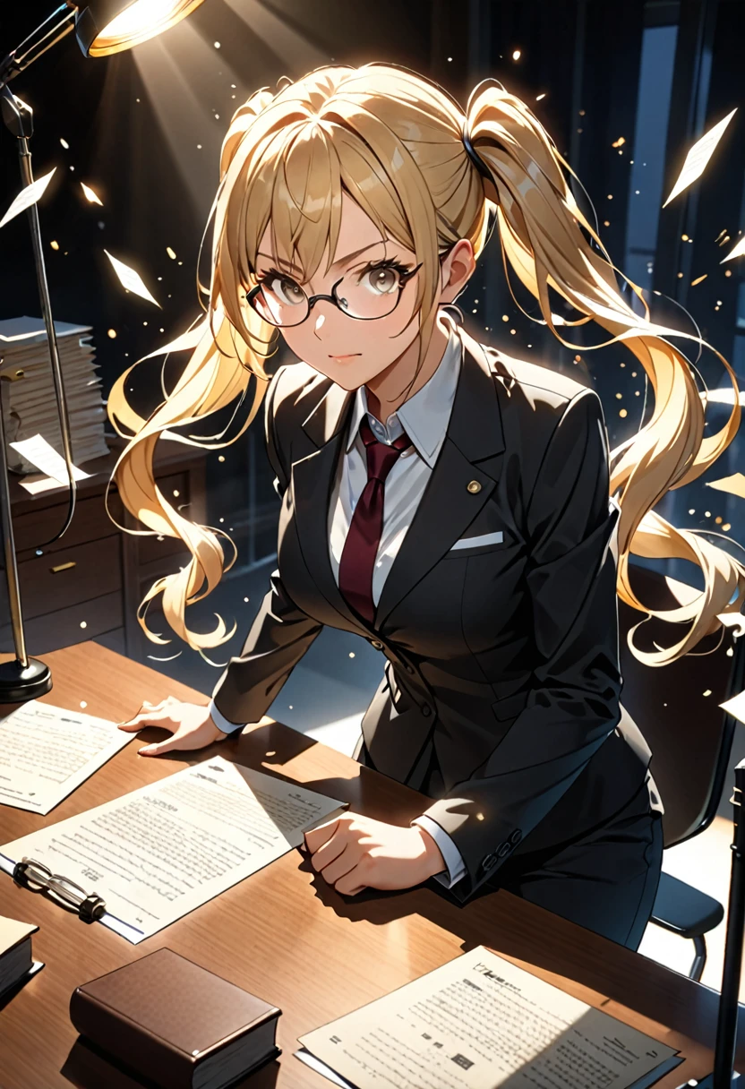 Highest quality, Highest quality, 16K, Unbelievably absurd, Very detailed, delicate and dynamic, Detailed facial depiction, , Particles reflect light, Diffuse reflection of light, Vortex of Light, Files on the desk, Spotlight, trial所, trial, Defense, Glassesが光を反射する, Create amazing image effects, Close-up, (sole sexy lady, big firm bouncing busts, long wavy blonde hair, Twin tails, lawyer, Powerful, Chic black suit, White blouse, pants suit, High heels, Glasses, Serious, Self, enthusiasm, Spiel, Stand up and read the document, Glassesを手で押し上げる,)