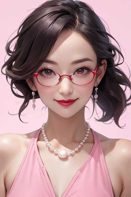 Beautiful mature Japanese woman aged 55, One woman, Married women, Long eyelashes, Low Ponytail, Hair fluttering, Red lipstick, Pink Cheeks, Pearl Necklace, Earrings, Dark eyeshadow, wear glasses, Leotard Swimsuit, Beautiful body, Beautiful smile, Pink Background, Focus on the whole body
