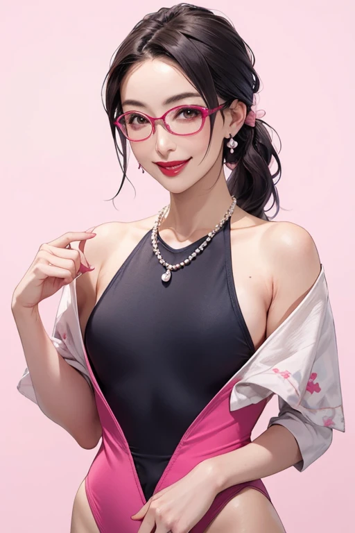 Beautiful mature Japanese woman aged 55, One woman, Married women, Long eyelashes, Low Ponytail, Hair fluttering, Red lipstick, Pink Cheeks, Pearl Necklace, Earrings, Dark eyeshadow, wear glasses, Leotard Swimsuit, Beautiful body, Beautiful smile, Pink Background, Focus on the whole body