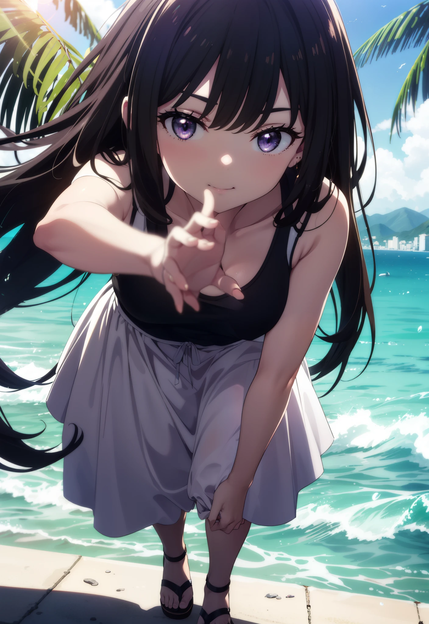 Takiuchikami, Long Hair, bangs, Black Hair, (Purple eyes:1.2),Blue Tank Top,White long skirt,Heeled Sandals,Daytime,Clear skies,Palm tree,Walking,smile,Close your mouth,blush,whole bodyがイラストに入るように, break outdoors, tropical,Tropical,Coastal Road, break looking at viewer, whole body, break (masterpiece:1.2), Highest quality, High resolution, unity 8k wallpaper, (figure:0.8), (Beautiful attention to detail:1.6), Highly detailed face, Perfect lighting, Highly detailed CG, (Perfect hands, Perfect ???????),
break outdoors, city,
break looking at viewer, whole body,
break (masterpiece:1.2), Highest quality, High resolution, unity 8k wallpaper, (shape:0.8), (Beautiful attention to detail:1.6), Highly detailed face, Perfect lighting, Extremely detailed CG, (Perfect hands, Perfect ???????),