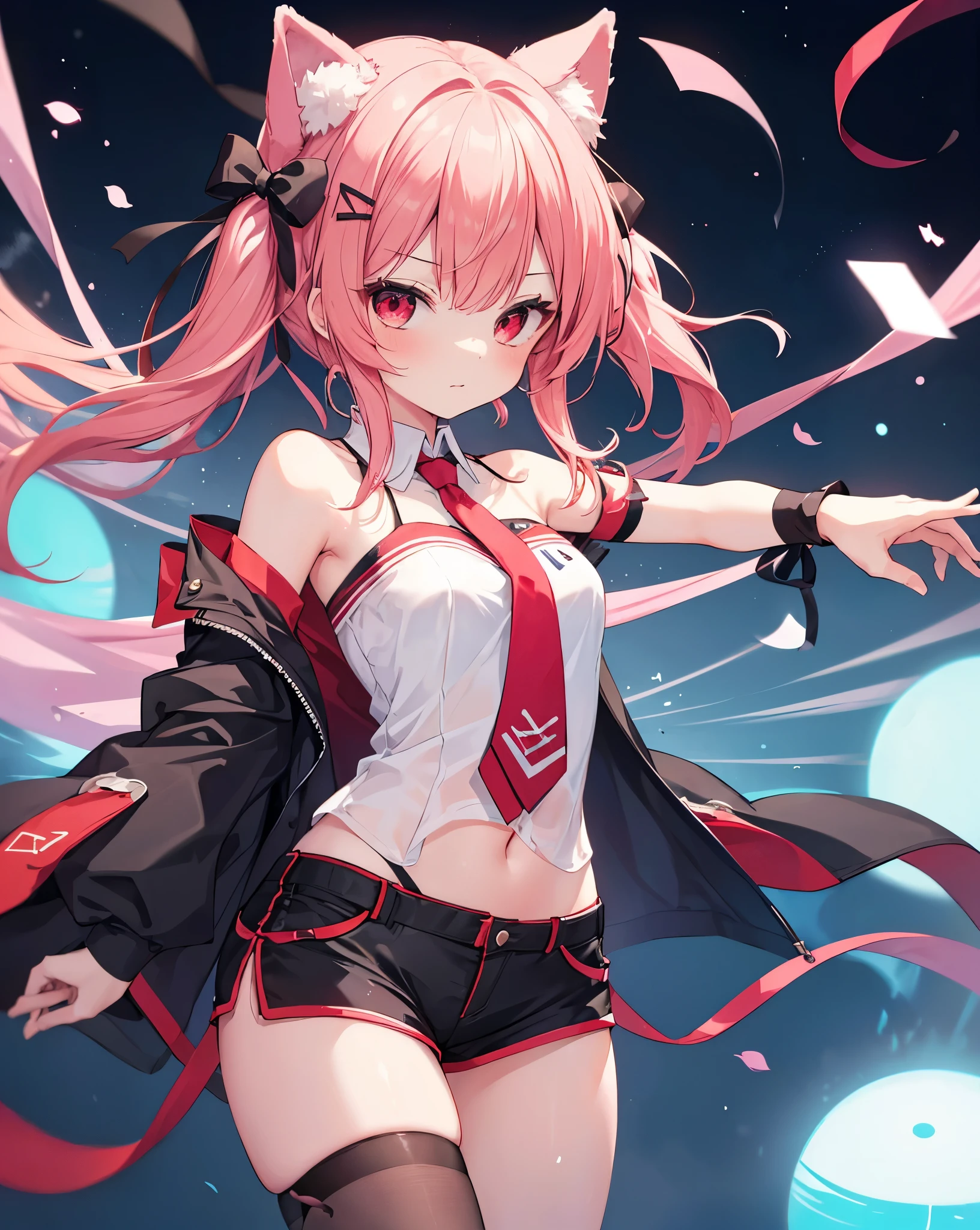 High quality, kotori_itsuka,1girl, solo, (neko ears), untied_necktie, ((black ribbons to tie hairs)),random dynamic scene , bare shoulders , long red hair, vibrant red eyes.
(Nexktie , mini shorts,pantyhouse:1.2), she's dancing in a disco party