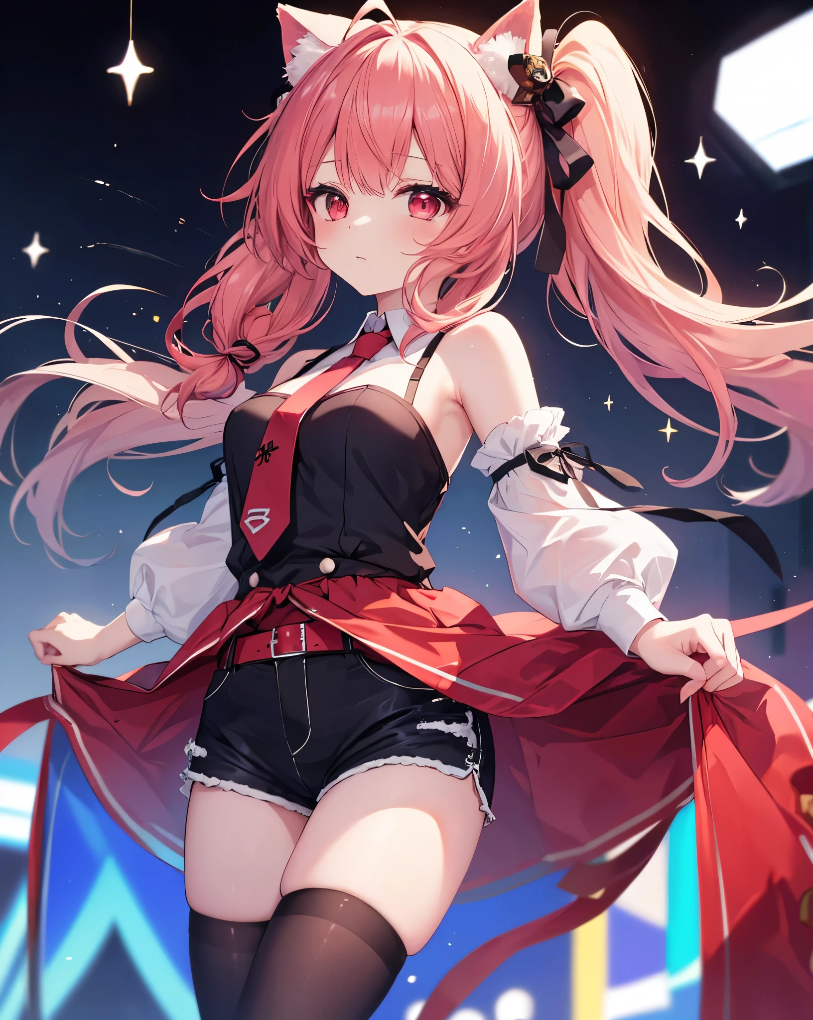High quality, kotori_itsuka,1girl, solo, (neko ears), untied_necktie, ((black ribbons to tie hairs)),random dynamic scene , bare shoulders , long red hair, vibrant red eyes.
(Nexktie , mini shorts,pantyhouse:1.2), she's dancing in a disco party