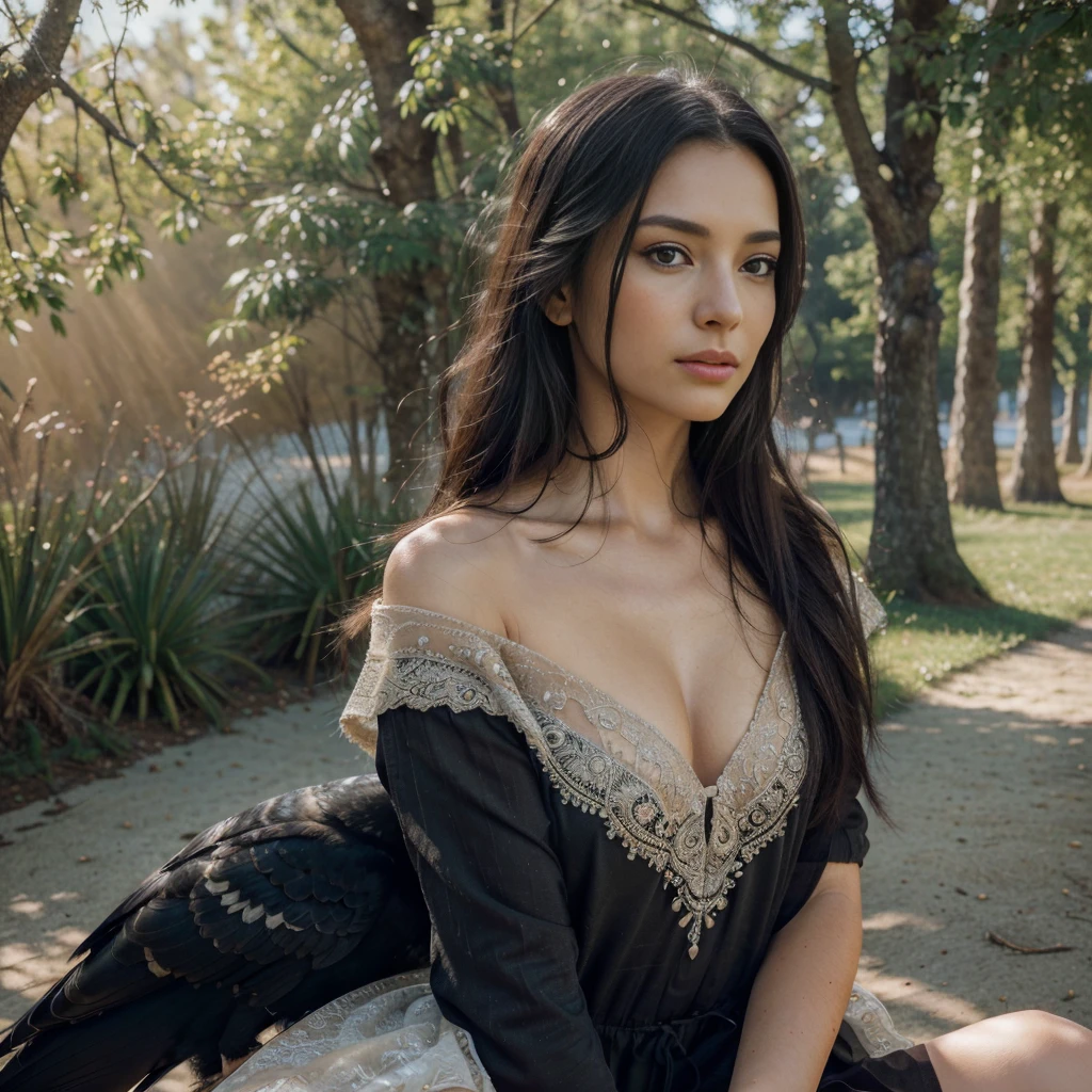 (The best quality,4k,8k,High Resolutions,masterpiece:1.2),Extremely detailed woman with a crow,(realist,fotorrealist,fotorrealist:1.37),half: oil,Charming and detailed eyes,expressive lips,long loose black hair,vibrant colors, at the beach  background,Golden sunlight flowing through the trees,Dramatic lighting,ethereal atmosphere,crow perched on his shoulder,Delicate feathers with intricate details,elegant pose,serene expression,Soft and dreamlike atmosphere,Textured brush strokes,subtle touches of mystery and magic. with a beautiful raven on his shoulder