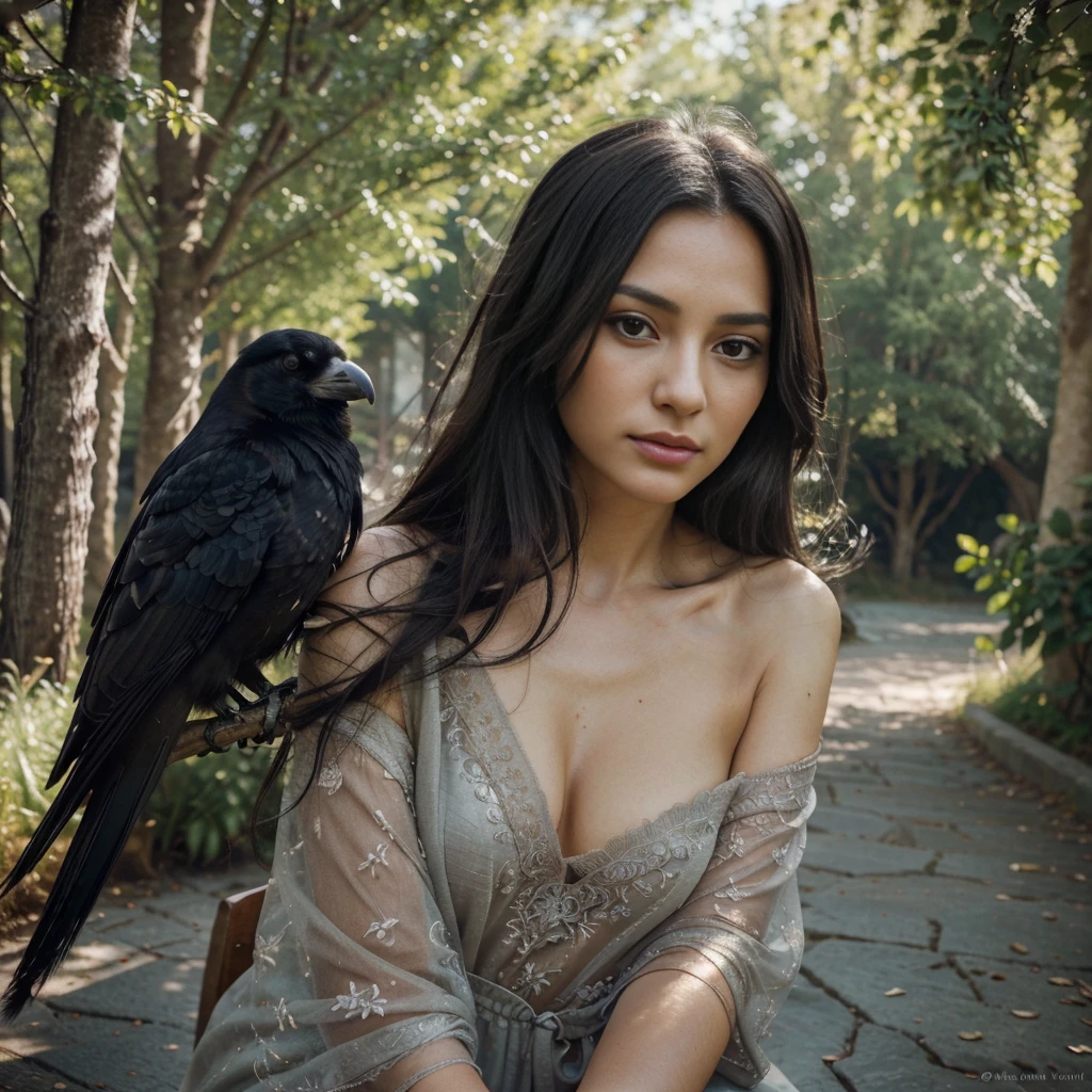 (The best quality,4k,8k,High Resolutions,masterpiece:1.2),Extremely detailed woman with a crow,(realist,fotorrealist,fotorrealist:1.37),half: oil,Charming and detailed eyes,expressive lips,long loose black hair,vibrant colors, at the beach background,Golden sunlight flowing through the trees,Dramatic lighting,ethereal atmosphere,crow perched on his shoulder,Delicate feathers with intricate details,elegant pose,serene expression,Soft and dreamlike atmosphere,Textured brush strokes,subtle touches of mystery and magic. with a beautiful raven on his shoulder
