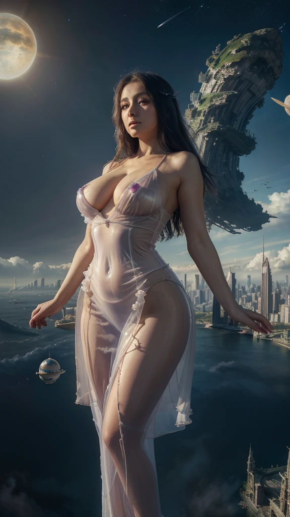 ((masterpiece)), Best Quality, (8k, Best Quality, masterpiece:1.2), ultra detailed, illustration, big fantasy city, Science fiction, ethereal city, floating city, many planets in the heavens, clouds around Generate Changli from Wuthering Waves with big eyes wearing a very erotic transparent silk dress and her measurements are 90 chest, 60 hip, 90 waist.