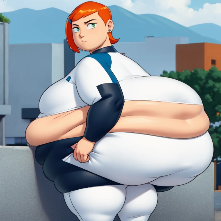 Gwen tenison, 1 girl, body plus, gorda, tight suit, big butt, big belly,
