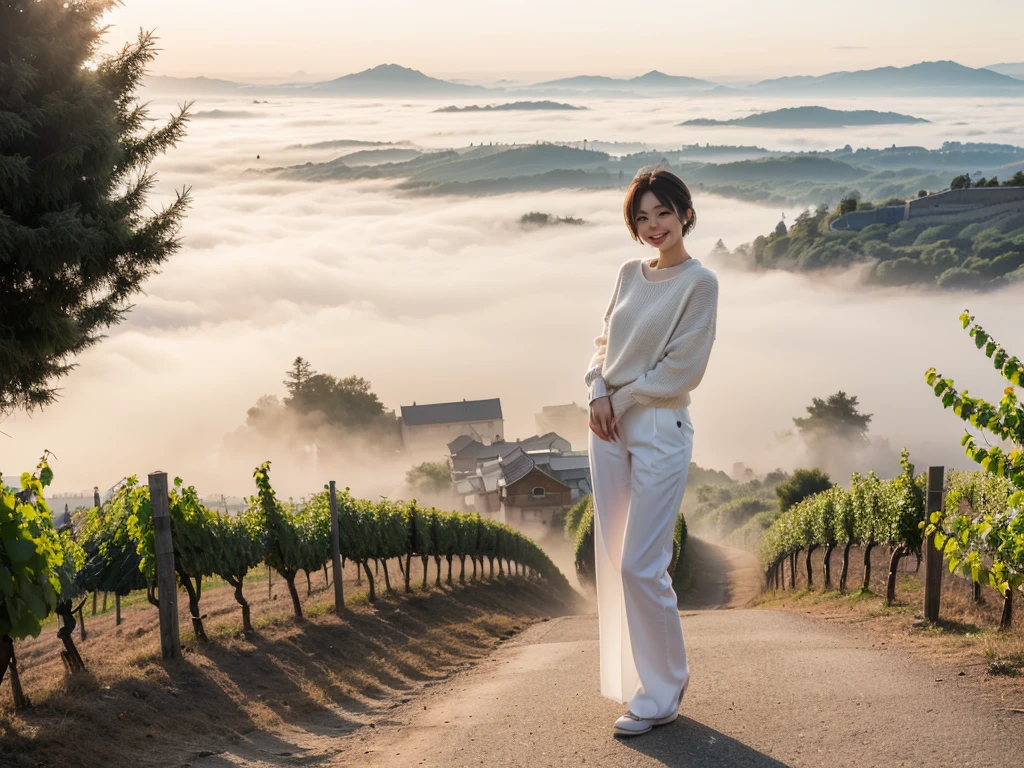 (best quality, In 8K, 32K, Photo of a beautiful Japanese woman, Short hair, full body esbian, face focus, White shirt and luxury brand sweater, casual pants italiri vineyard background, Ranged、make a happy face, A cathedral can be seen in the distance in the thick dawn., There is thick fog,