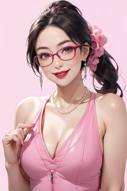 Beautiful mature Japanese woman aged 55, One woman, Married women, Long eyelashes, Low Ponytail, Hair fluttering, Red lipstick, Pink Cheeks, Pearl Necklace, Earrings, Dark eyeshadow, wear glasses, Cleavage, Leotard Swimsuit, Beautiful body, Beautiful smile, Pink Background, Focus on the whole body