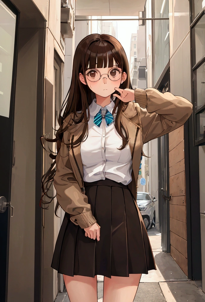 1 girl, medium construction, ((round glasses)), long brown hair, blunt bangs, Brown eyes, ((neutral)), (captivating expression),  modern, selfie, (((contemporary))), nerd, Sister, very embarrassed, obligatory, lifting her skirt, She is not wearing panties, ((showing pussy))
