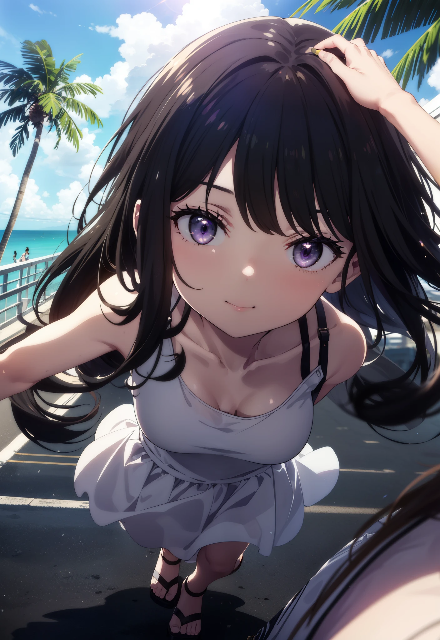 Takiuchikami, Long Hair, bangs, Black Hair, (Purple eyes:1.2),Blue Tank Top,White long skirt,Heeled Sandals,Daytime,Clear skies,Palm tree,Are standing,smile,Close your mouth,Walking,blush,whole bodyがイラストに入るように,
break outdoors, tropical,Tropical,Coastal Road,
break looking at viewer, whole body,
break (masterpiece:1.2), Highest quality, High resolution, unity 8k wallpaper, (figure:0.8), (Beautiful attention to detail:1.6), Highly detailed face, Perfect lighting, Highly detailed CG, (Perfect hands, Perfect Anatomy),