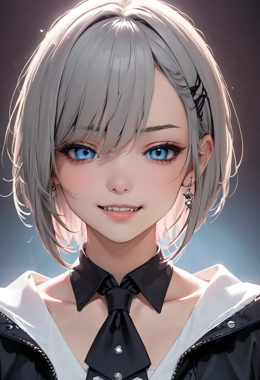 (solo)), (1girl), (ecstasy:1.5), (vulgarity:1.3), (gray hair, short haircut, punk rock girl,), ((disgusted eyes:1.1)), (smile happily), (upper body), view audience, front of view, (large full breasts), Super detailed, perfect face, detailed eyes, hard lighting, dynamic shadow, Maximum Clarity And Sharpness, Multi-Layered Textures, increase depth of field, looking at viewer, simple background