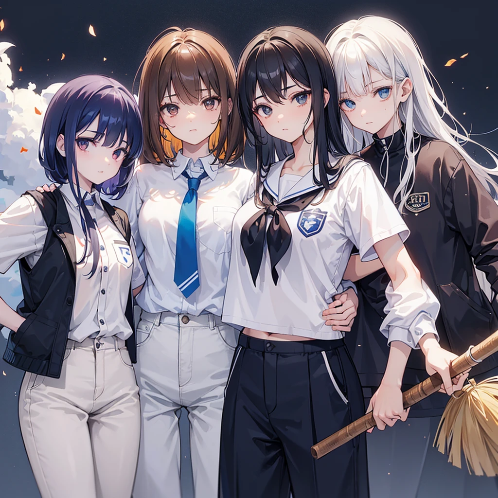 1 girl with medium sized curly hair, brownhair, honey-colored eyes with 2 spots on the right side of the face and white skin color, wearing uniform with white shirt, dark blue pants with white line on the pants, clothes with blood holding an ax in hand, 1 with semi-straight hair, cor parda, dark brown eyes and white skin color, uniform with white shirt with dark blue pants with line on pants with blood on clothes holding a broom , outra de brownhair curtos, brown eyes and white skin color, wearing a uniform with a white shirt and dark blue pants with a white line, 1 menino de brownhair curtos e olhos castanhos escuros vestindo camisa branca com calça azul escura cheia de sangue segurando um taco de beisebol e sua cor de pele é morena, all of them with a somewhat sad face, all with the entire body facing forward, looking at the camera, the scene behind them was a school in front with some zombies, the lighting is a little dark but you can see everything, all four together in the same place, They are all teenagers and are in high school