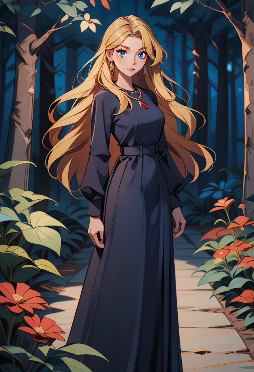 th3t4styl3,1girl, solo, dress, long hair, black dress, blonde hair, flower, blue eyes, jewelry, earrings, looking at viewer, long sleeves, standing, tree, long dress, outdoors, night, nature, parted bangs, closed mouth, plant, necklace, red flower, feet out of frame, forest, straight hair